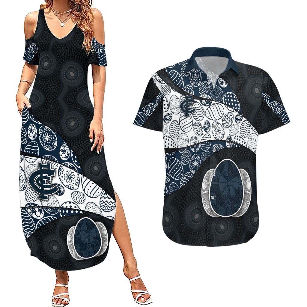 Personalized Carlton Football Couples Matching Summer Maxi Dress and Hawaiian Shirt Easter Egg Pattern Navy Monochrome Tribal Dot Style