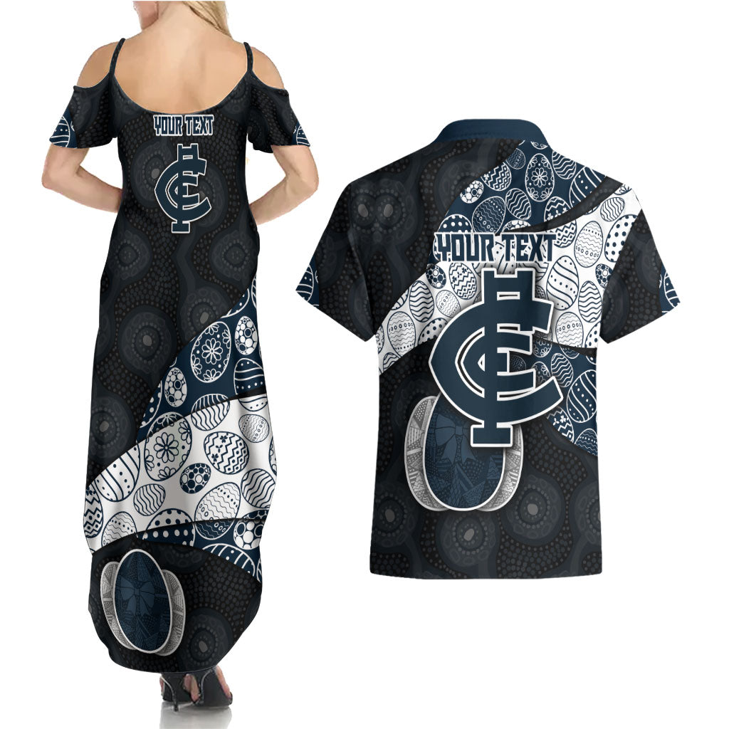 Personalized Carlton Football Couples Matching Summer Maxi Dress and Hawaiian Shirt Easter Egg Pattern Navy Monochrome Tribal Dot Style