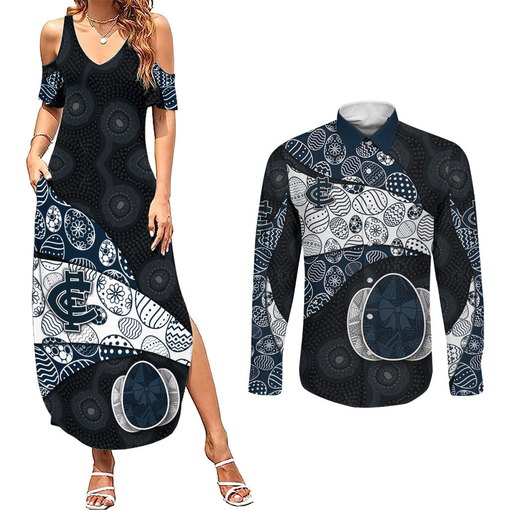 Personalized Carlton Football Couples Matching Summer Maxi Dress and Long Sleeve Button Shirt Easter Egg Pattern Navy Monochrome Tribal Dot Style