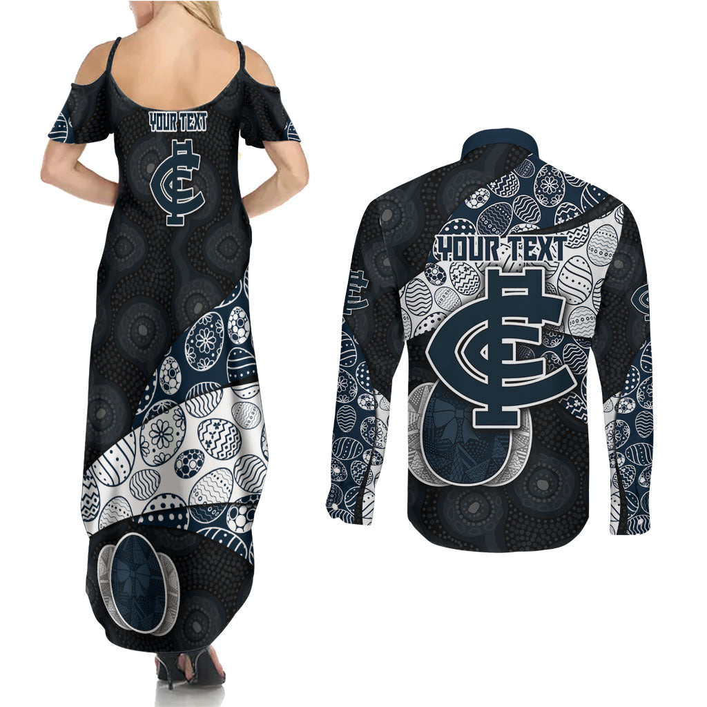 Personalized Carlton Football Couples Matching Summer Maxi Dress and Long Sleeve Button Shirt Easter Egg Pattern Navy Monochrome Tribal Dot Style