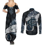 Personalized Carlton Football Couples Matching Summer Maxi Dress and Long Sleeve Button Shirt Easter Egg Pattern Navy Monochrome Tribal Dot Style