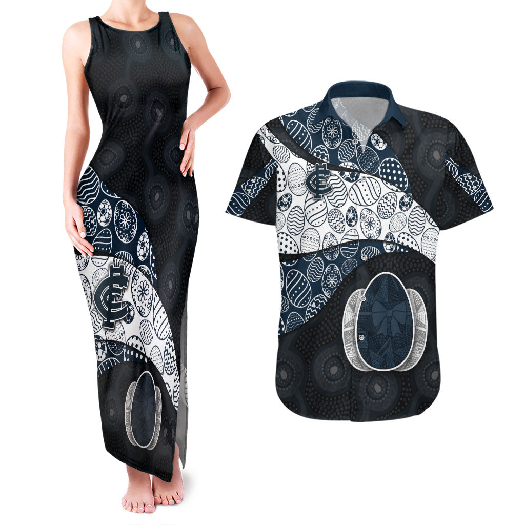 Personalized Carlton Football Couples Matching Tank Maxi Dress and Hawaiian Shirt Easter Egg Pattern Navy Monochrome Tribal Dot Style