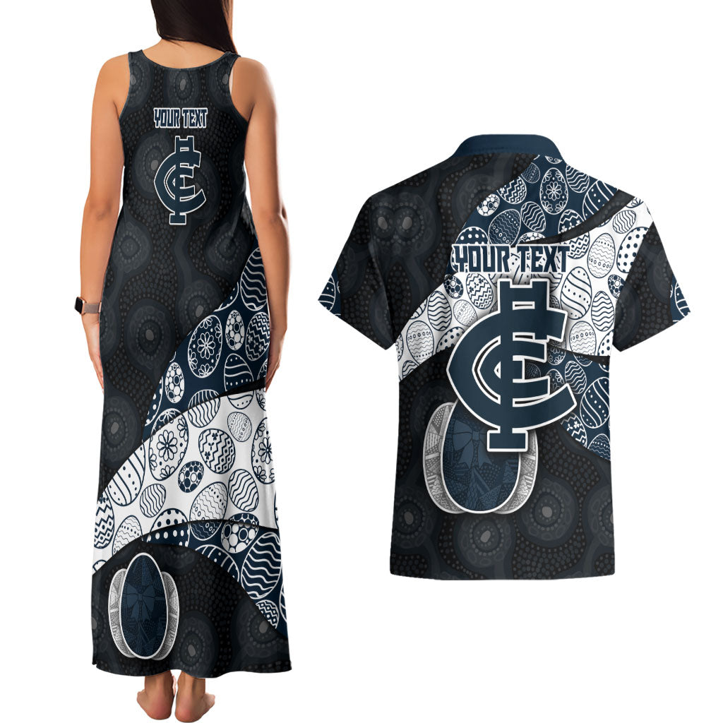 Personalized Carlton Football Couples Matching Tank Maxi Dress and Hawaiian Shirt Easter Egg Pattern Navy Monochrome Tribal Dot Style