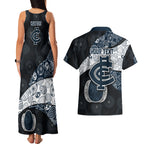 Personalized Carlton Football Couples Matching Tank Maxi Dress and Hawaiian Shirt Easter Egg Pattern Navy Monochrome Tribal Dot Style