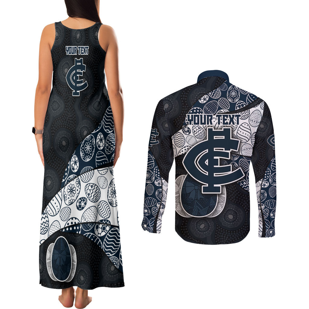 Personalized Carlton Football Couples Matching Tank Maxi Dress and Long Sleeve Button Shirt Easter Egg Pattern Navy Monochrome Tribal Dot Style