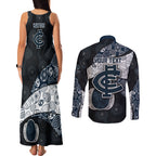 Personalized Carlton Football Couples Matching Tank Maxi Dress and Long Sleeve Button Shirt Easter Egg Pattern Navy Monochrome Tribal Dot Style