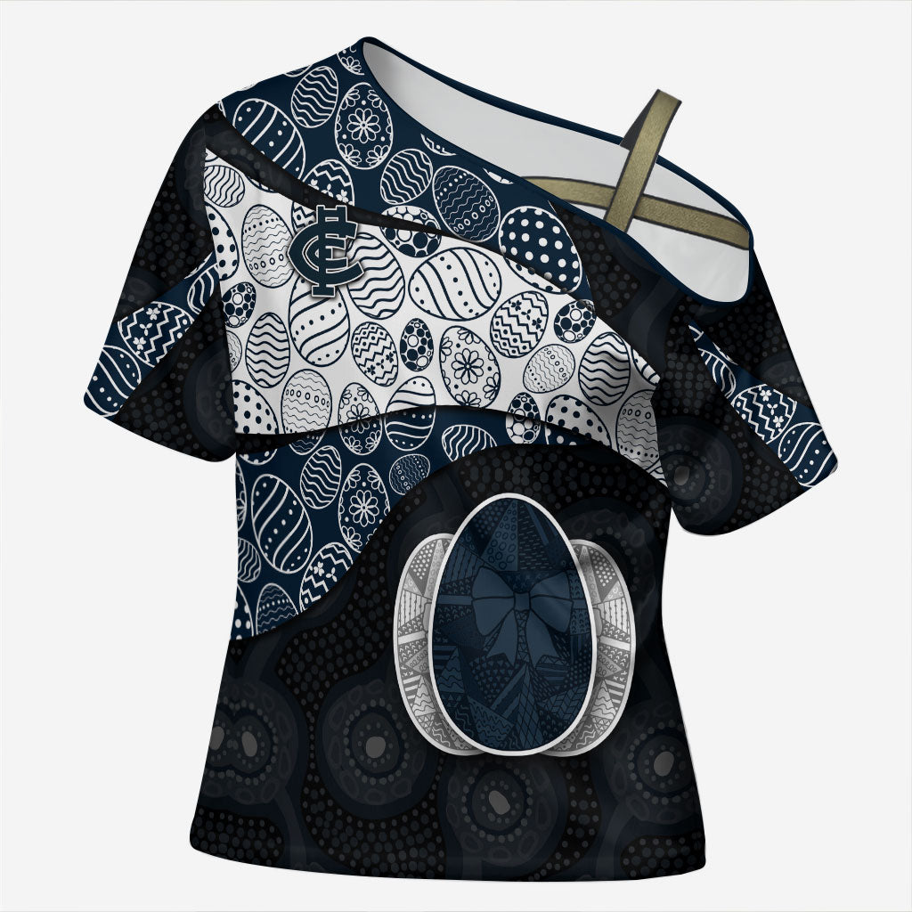 Personalized Carlton Football Cross Shoulder Shirt Easter Egg Pattern Navy Monochrome Tribal Dot Style