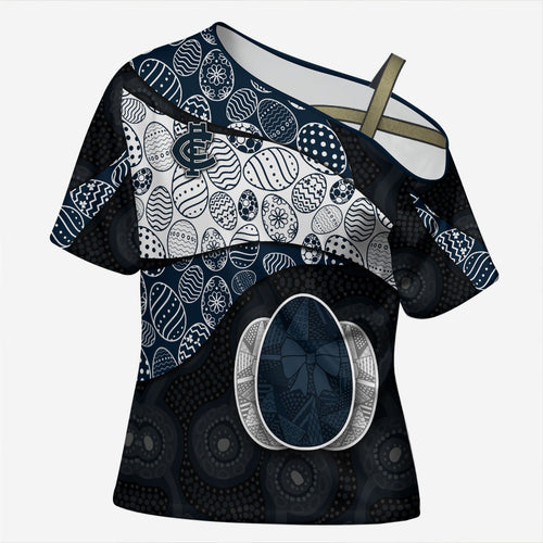 Personalized Carlton Football Cross Shoulder Shirt Easter Egg Pattern Navy Monochrome Tribal Dot Style