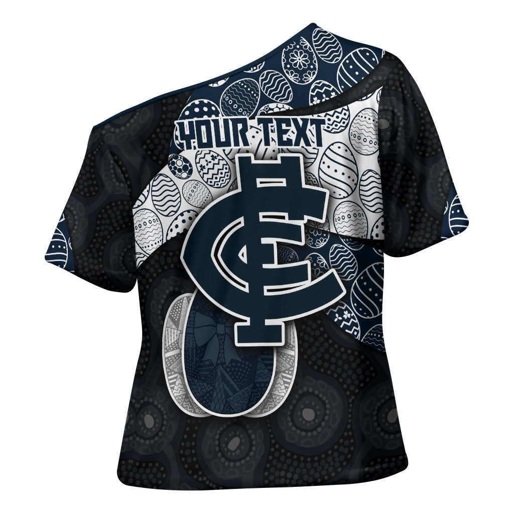 Personalized Carlton Football Cross Shoulder Shirt Easter Egg Pattern Navy Monochrome Tribal Dot Style