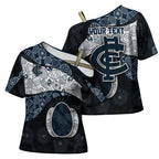 Personalized Carlton Football Cross Shoulder Shirt Easter Egg Pattern Navy Monochrome Tribal Dot Style
