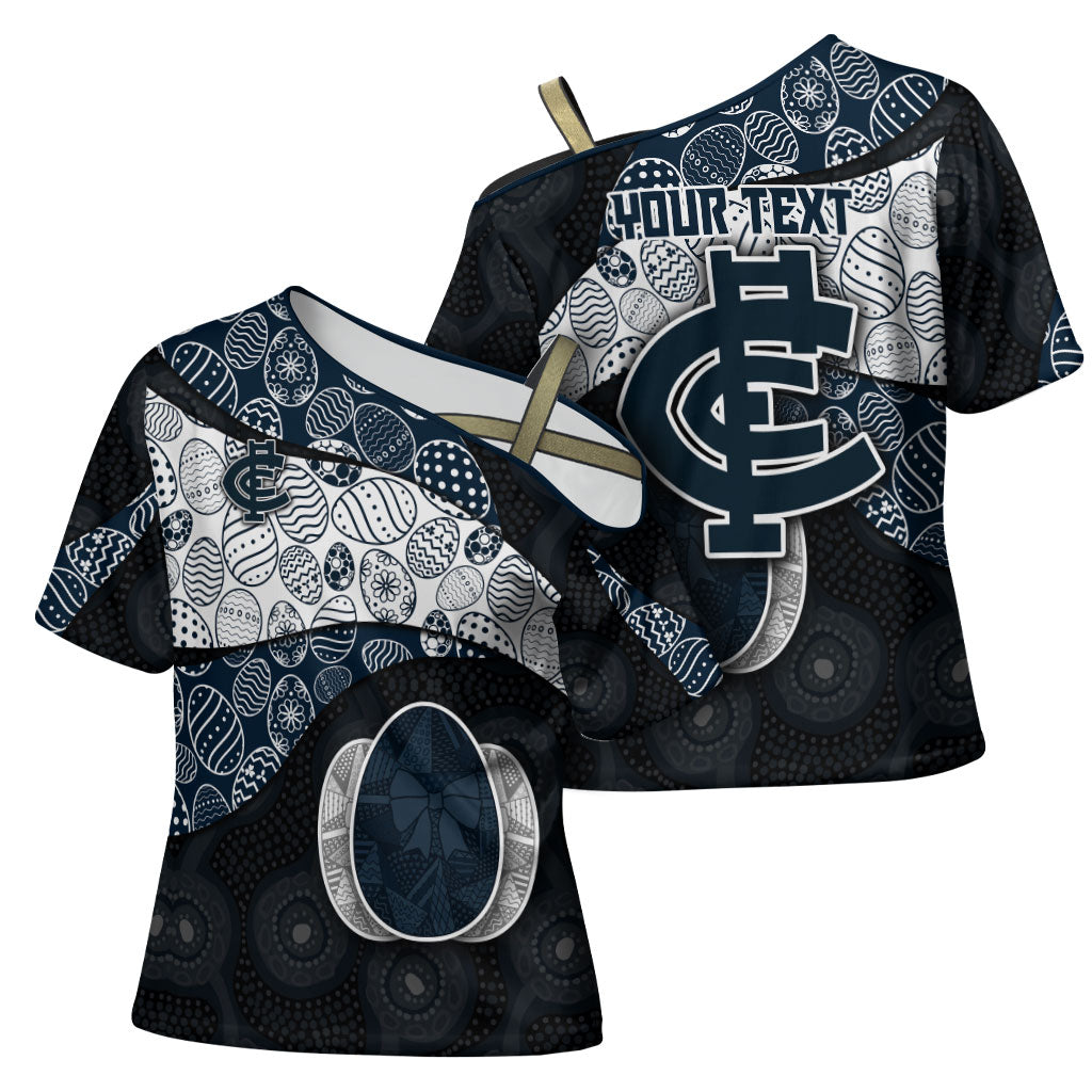 Personalized Carlton Football Cross Shoulder Shirt Easter Egg Pattern Navy Monochrome Tribal Dot Style