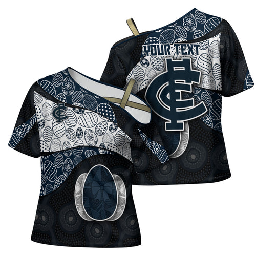 Personalized Carlton Football Cross Shoulder Shirt Easter Egg Pattern Navy Monochrome Tribal Dot Style