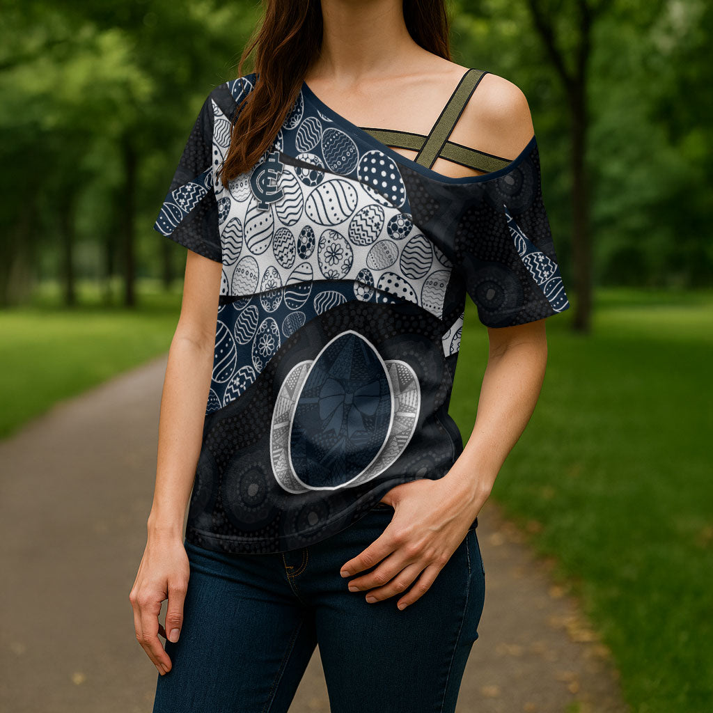 Personalized Carlton Football Cross Shoulder Shirt Easter Egg Pattern Navy Monochrome Tribal Dot Style