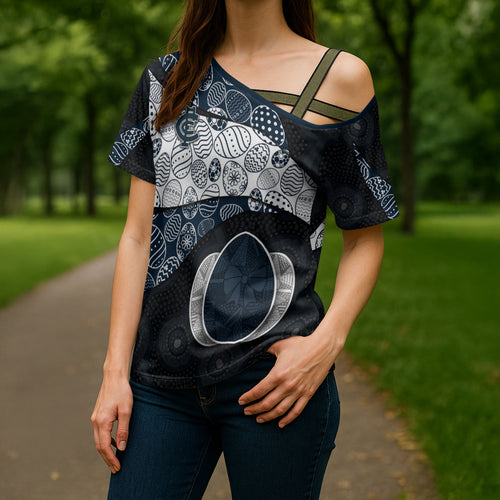 Personalized Carlton Football Cross Shoulder Shirt Easter Egg Pattern Navy Monochrome Tribal Dot Style