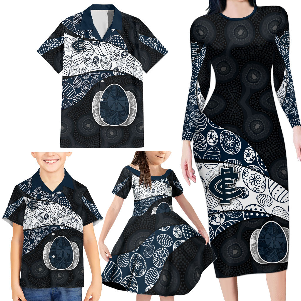 Personalized Carlton Football Family Matching Long Sleeve Bodycon Dress and Hawaiian Shirt Easter Egg Pattern Navy Monochrome Tribal Dot Style