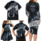 Personalized Carlton Football Family Matching Long Sleeve Bodycon Dress and Hawaiian Shirt Easter Egg Pattern Navy Monochrome Tribal Dot Style