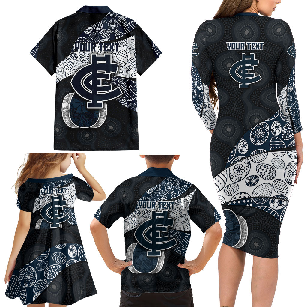 Personalized Carlton Football Family Matching Long Sleeve Bodycon Dress and Hawaiian Shirt Easter Egg Pattern Navy Monochrome Tribal Dot Style