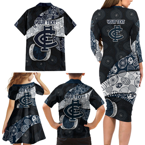 Personalized Carlton Football Family Matching Long Sleeve Bodycon Dress and Hawaiian Shirt Easter Egg Pattern Navy Monochrome Tribal Dot Style