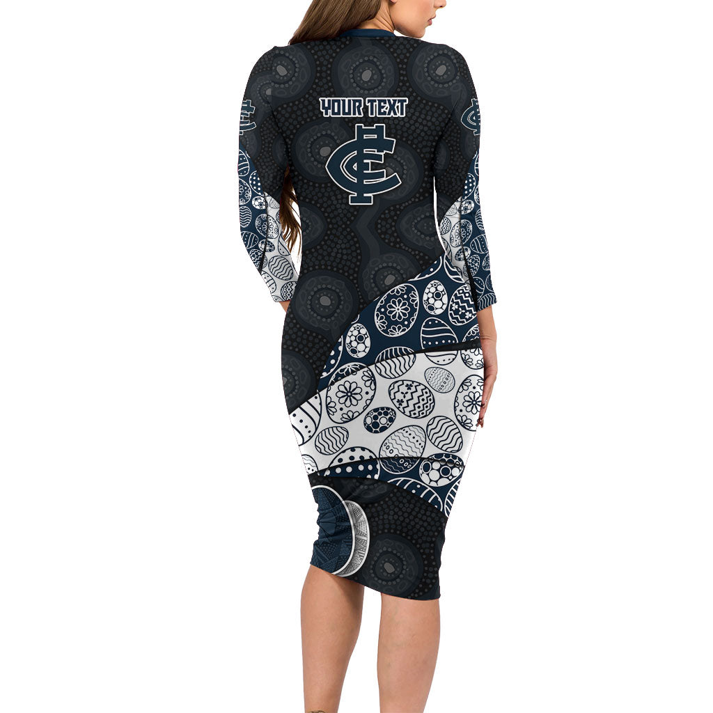Personalized Carlton Football Family Matching Long Sleeve Bodycon Dress and Hawaiian Shirt Easter Egg Pattern Navy Monochrome Tribal Dot Style