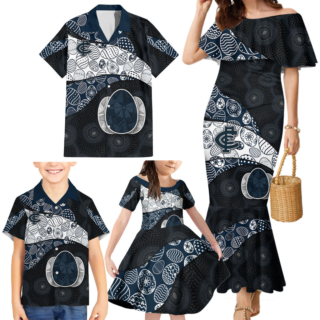 Personalized Carlton Football Family Matching Mermaid Dress and Hawaiian Shirt Easter Egg Pattern Navy Monochrome Tribal Dot Style