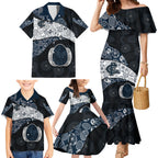 Personalized Carlton Football Family Matching Mermaid Dress and Hawaiian Shirt Easter Egg Pattern Navy Monochrome Tribal Dot Style