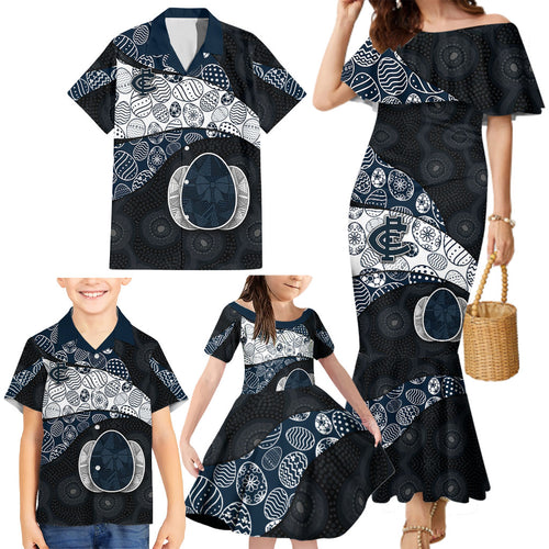 Personalized Carlton Football Family Matching Mermaid Dress and Hawaiian Shirt Easter Egg Pattern Navy Monochrome Tribal Dot Style