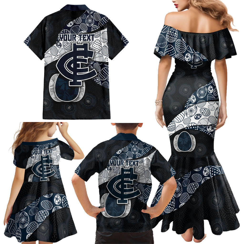 Personalized Carlton Football Family Matching Mermaid Dress and Hawaiian Shirt Easter Egg Pattern Navy Monochrome Tribal Dot Style