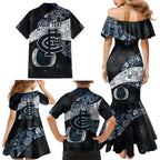 Personalized Carlton Football Family Matching Mermaid Dress and Hawaiian Shirt Easter Egg Pattern Navy Monochrome Tribal Dot Style