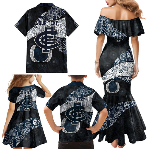 Personalized Carlton Football Family Matching Mermaid Dress and Hawaiian Shirt Easter Egg Pattern Navy Monochrome Tribal Dot Style