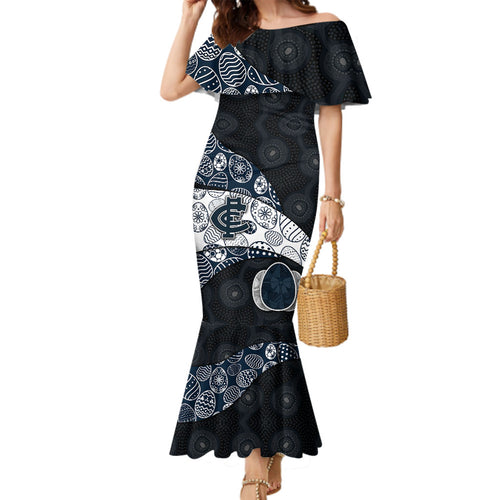 Personalized Carlton Football Family Matching Mermaid Dress and Hawaiian Shirt Easter Egg Pattern Navy Monochrome Tribal Dot Style