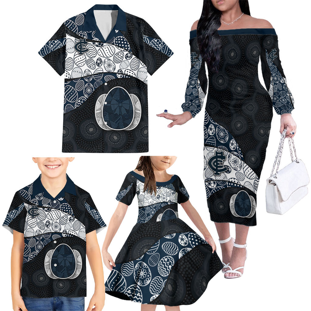 Personalized Carlton Football Family Matching Off The Shoulder Long Sleeve Dress and Hawaiian Shirt Easter Egg Pattern Navy Monochrome Tribal Dot Style