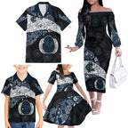 Personalized Carlton Football Family Matching Off The Shoulder Long Sleeve Dress and Hawaiian Shirt Easter Egg Pattern Navy Monochrome Tribal Dot Style