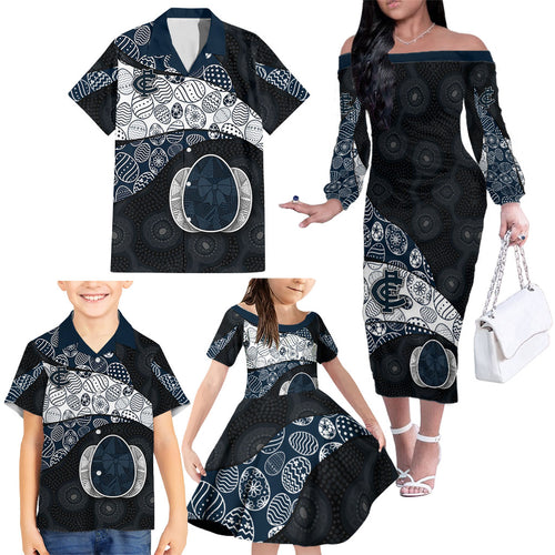 Personalized Carlton Football Family Matching Off The Shoulder Long Sleeve Dress and Hawaiian Shirt Easter Egg Pattern Navy Monochrome Tribal Dot Style