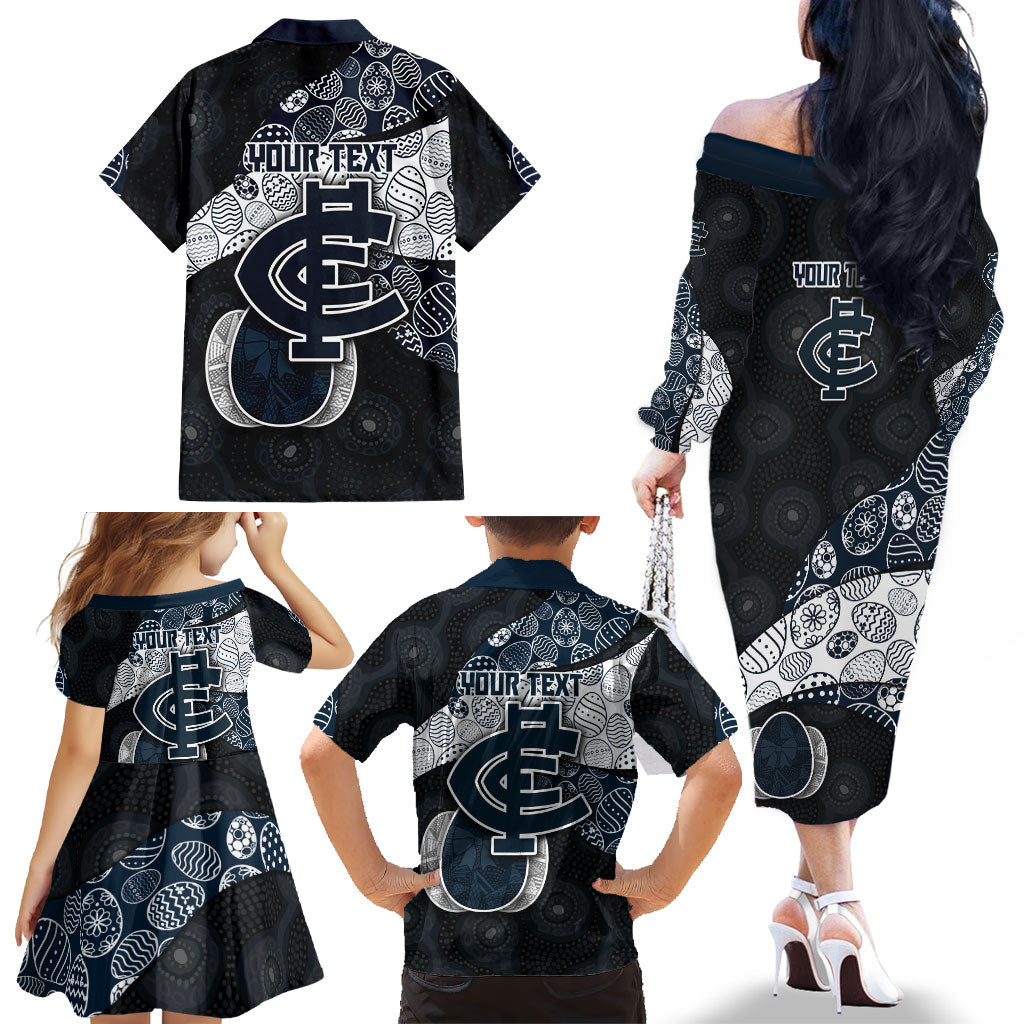 Personalized Carlton Football Family Matching Off The Shoulder Long Sleeve Dress and Hawaiian Shirt Easter Egg Pattern Navy Monochrome Tribal Dot Style