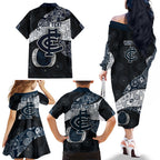 Personalized Carlton Football Family Matching Off The Shoulder Long Sleeve Dress and Hawaiian Shirt Easter Egg Pattern Navy Monochrome Tribal Dot Style
