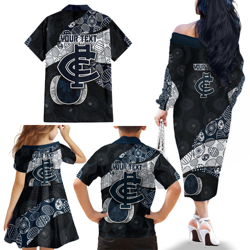 Personalized Carlton Football Family Matching Off The Shoulder Long Sleeve Dress and Hawaiian Shirt Easter Egg Pattern Navy Monochrome Tribal Dot Style