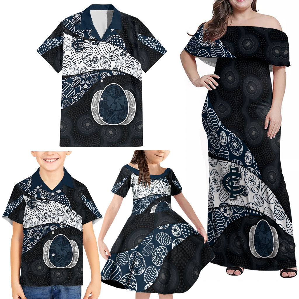 Personalized Carlton Football Family Matching Off Shoulder Maxi Dress and Hawaiian Shirt Easter Egg Pattern Navy Monochrome Tribal Dot Style