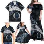 Personalized Carlton Football Family Matching Off Shoulder Maxi Dress and Hawaiian Shirt Easter Egg Pattern Navy Monochrome Tribal Dot Style