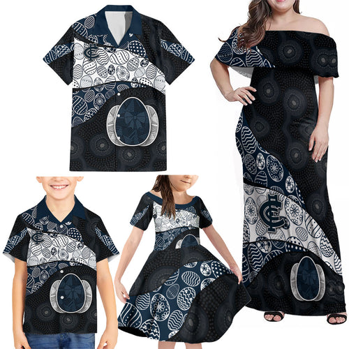 Personalized Carlton Football Family Matching Off Shoulder Maxi Dress and Hawaiian Shirt Easter Egg Pattern Navy Monochrome Tribal Dot Style
