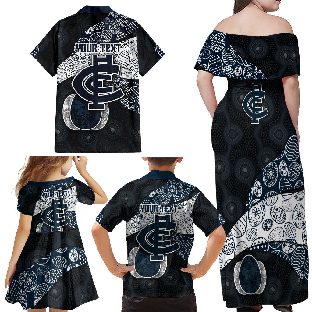 Personalized Carlton Football Family Matching Off Shoulder Maxi Dress and Hawaiian Shirt Easter Egg Pattern Navy Monochrome Tribal Dot Style