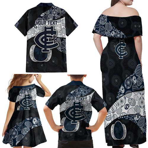 Personalized Carlton Football Family Matching Off Shoulder Maxi Dress and Hawaiian Shirt Easter Egg Pattern Navy Monochrome Tribal Dot Style