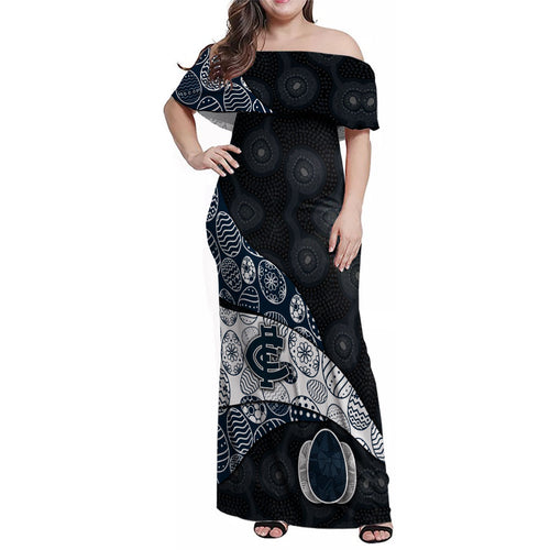 Personalized Carlton Football Family Matching Off Shoulder Maxi Dress and Hawaiian Shirt Easter Egg Pattern Navy Monochrome Tribal Dot Style