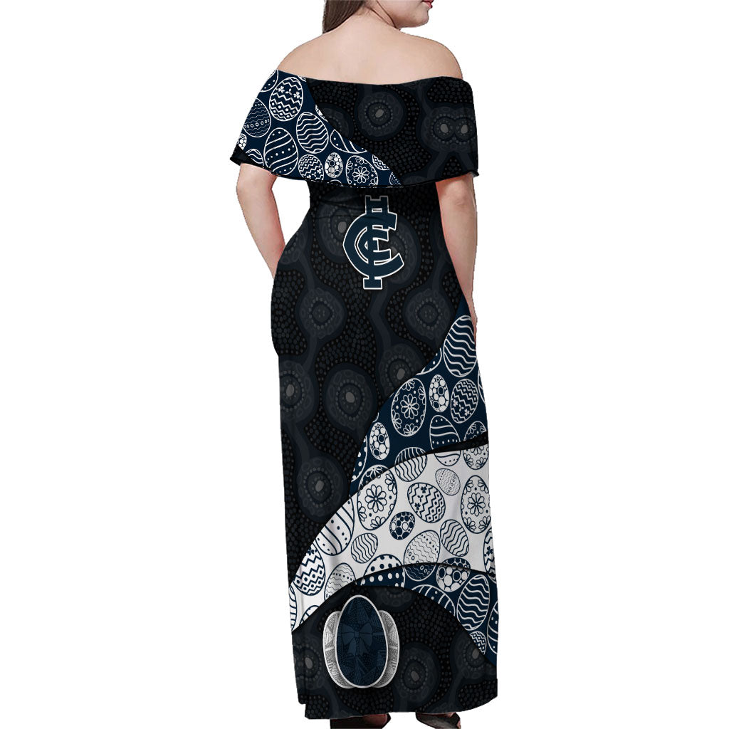 Personalized Carlton Football Family Matching Off Shoulder Maxi Dress and Hawaiian Shirt Easter Egg Pattern Navy Monochrome Tribal Dot Style