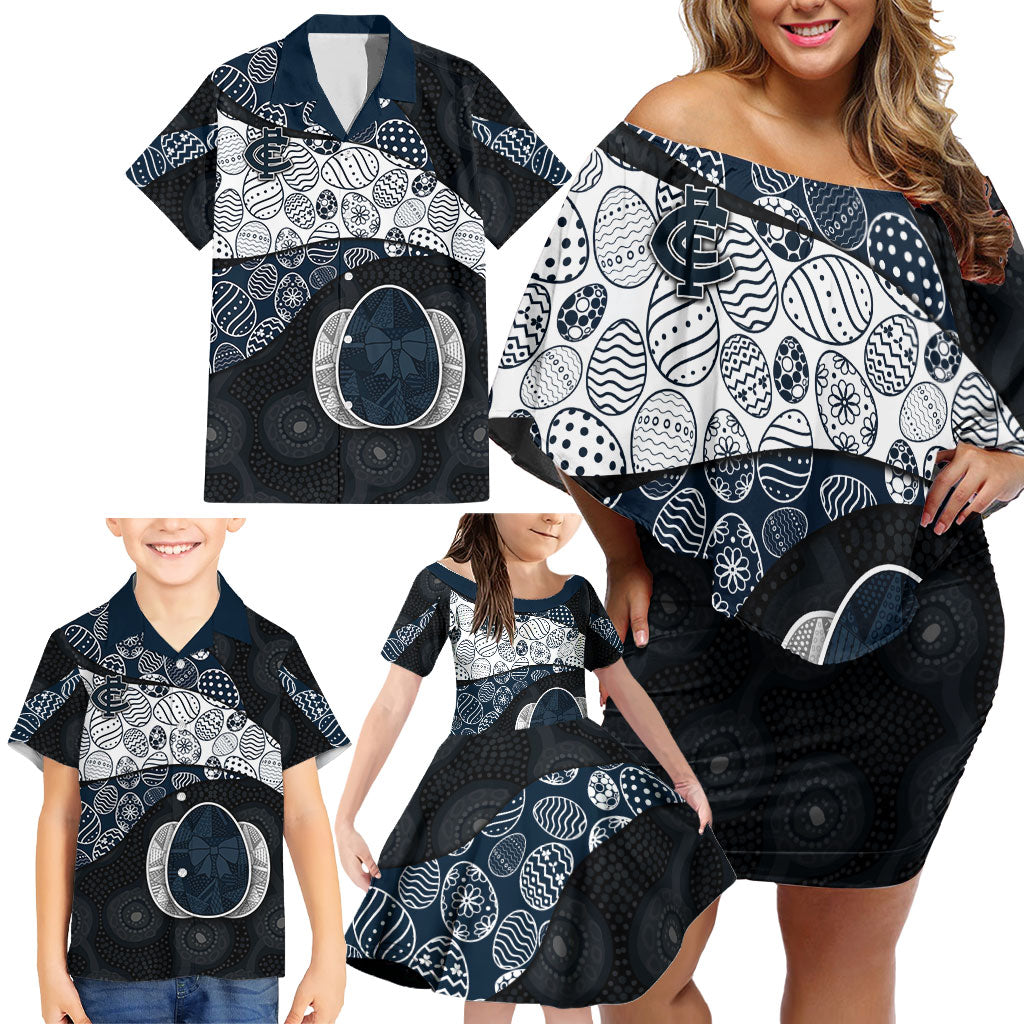 Personalized Carlton Football Family Matching Off Shoulder Short Dress and Hawaiian Shirt Easter Egg Pattern Navy Monochrome Tribal Dot Style