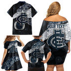 Personalized Carlton Football Family Matching Off Shoulder Short Dress and Hawaiian Shirt Easter Egg Pattern Navy Monochrome Tribal Dot Style