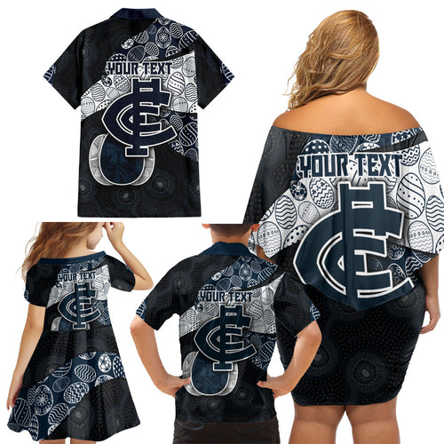 Personalized Carlton Football Family Matching Off Shoulder Short Dress and Hawaiian Shirt Easter Egg Pattern Navy Monochrome Tribal Dot Style