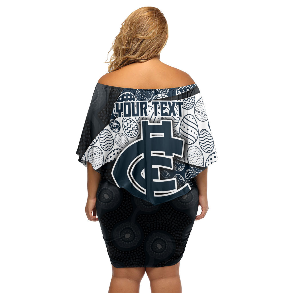Personalized Carlton Football Family Matching Off Shoulder Short Dress and Hawaiian Shirt Easter Egg Pattern Navy Monochrome Tribal Dot Style