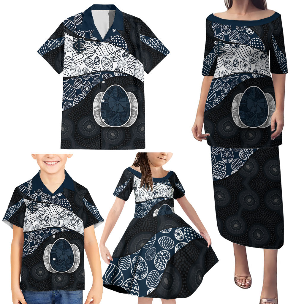 Personalized Carlton Football Family Matching Puletasi and Hawaiian Shirt Easter Egg Pattern Navy Monochrome Tribal Dot Style