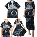 Personalized Carlton Football Family Matching Puletasi and Hawaiian Shirt Easter Egg Pattern Navy Monochrome Tribal Dot Style