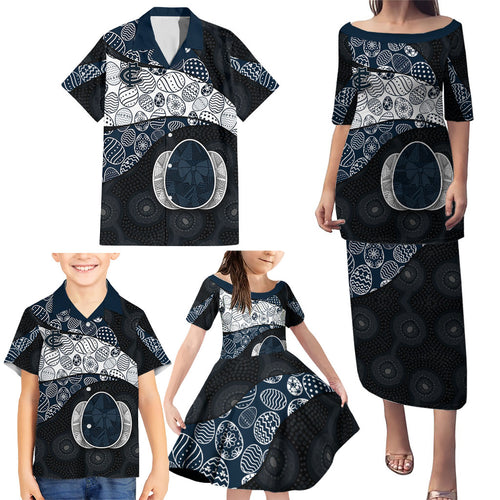 Personalized Carlton Football Family Matching Puletasi and Hawaiian Shirt Easter Egg Pattern Navy Monochrome Tribal Dot Style